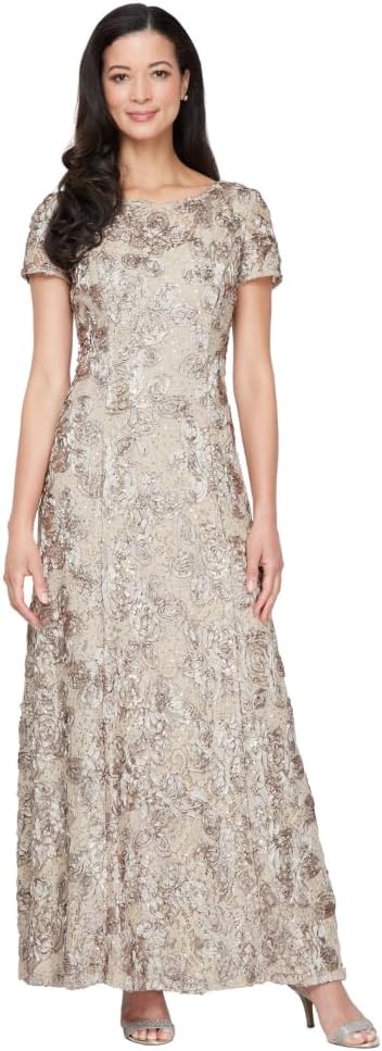 Women's Long Rosette Mother of The Bride Dress with Short Sleeves