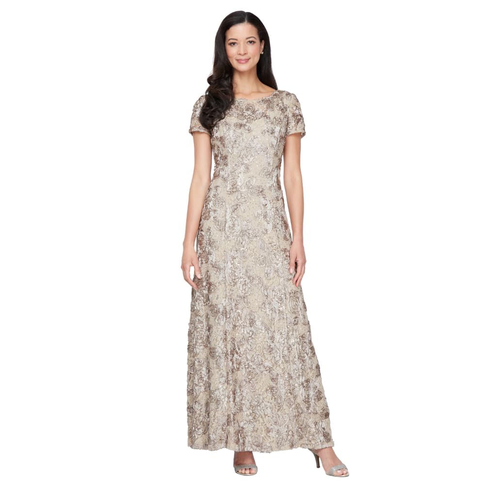 Women's Long Rosette Mother of The Bride Dress with Short Sleeves