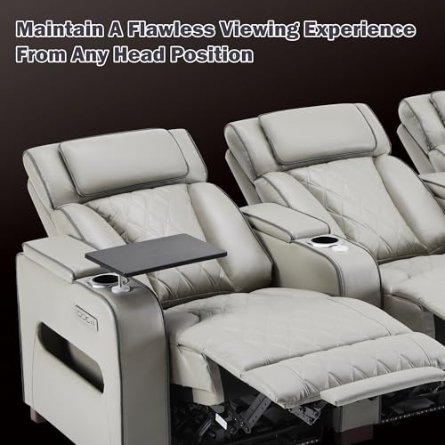 Image of GUEAPY Power Reclining Home Theater Sofa with LED Lighting, Faux Leather Electric Recliner with Adjustable Headrest, Backrest & Footrest, Cup Holders, USB Charging & Removable Tray Table, Row of 3