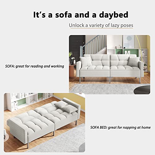 Modern Linen Convertible Futon Sofa Bed, 2-In-1 Sleeper Sofa With 2 Pillows, 3 Adjustable Angles For Backrest, Living Room Couch With 5 Sturdy Metal Legs, Upholstered Loveseat For Home, (White) #TOP4