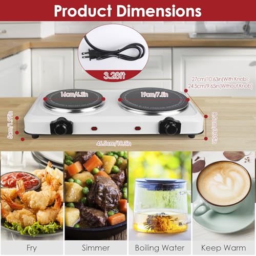Image of Dual Electric Stove Infrared Dual Burner Double Cooktop Countertop Stove | 1800W Portable Hot Plates Glass Counter Stove Stepless Temperature for Kitchen RV Camp White