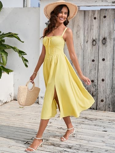 Image of EYNMIN Women's Summer Casual Midi Dress Smocked Sleeveless Flowy Slit A Line Beach Sundresses