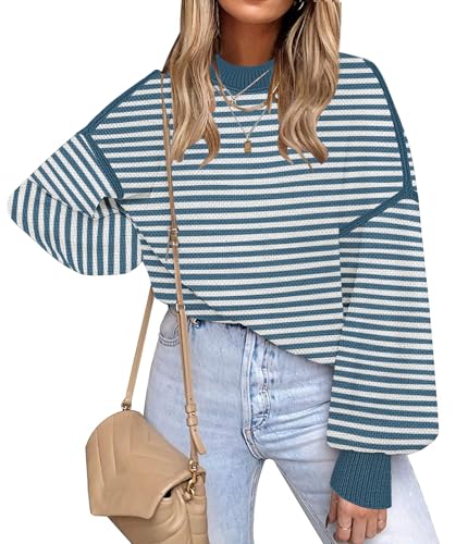 Image of Fall Clothes for Women 2026 Fashion Outfits Knitted Oversized Sweaters | Disamer Womens Sweater Trendy,Color Block Crew Neck Long Sleeve Knitted Pullover Jumper Tops,Striped,Winter Cute Sweaters