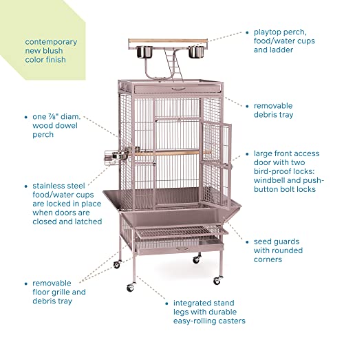 Image of Prevue Pet Products Playtop Bird Cage - Medium Cage with Wheels for Parrots, Conures, Cockatiels, & Similarly Sized Birds, with Rolling Stand and Seed Guard - Blush Finish