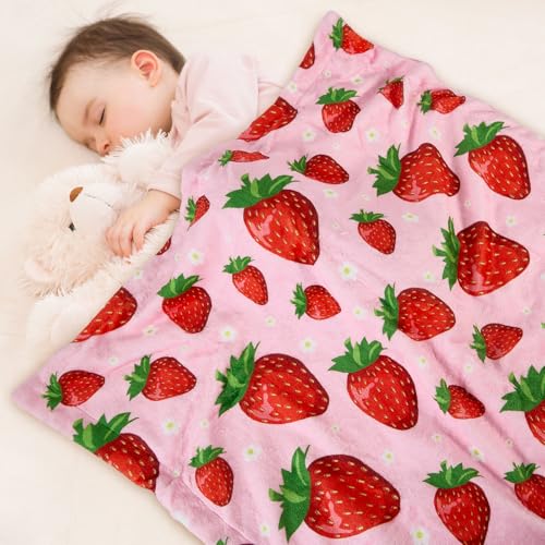 Image of Strawberry Baby Blanket for Boys Girls Soft Fleece Minky Blanket with Dotted Backing Double Layer Newborn Toddler Blankie for Nursery Stroller Crib Gift to Son Nephew Grandson 26.5 * 40 Inches