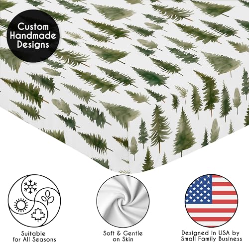 Image of Sweet Jojo Designs Fitted Baby Crib Sheets (Green Woodland Tree) for Boys or Girls, Infant Nursery, Toddler Room - Standard Size (Hunter, Forest Themed, Sage Pine Trees, Woods, Neutral, Christmas Fir)