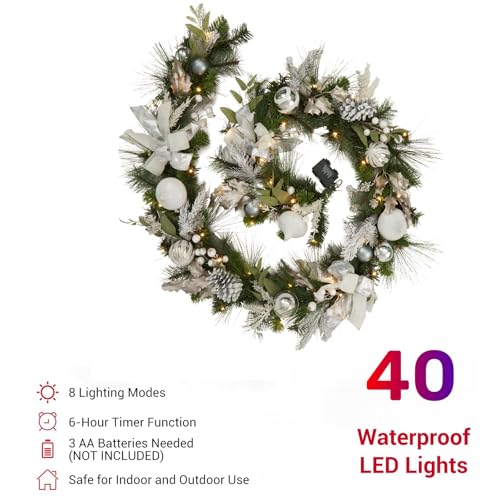 GarveeHome Prelit Christmas Garland for Mantle, 9 Ft Battery Operated Xmas Garland with Lights Silver White Ball Ornaments Pine Cones for Fireplace Front Door Stairs Railing Indoor Outdoor Decor