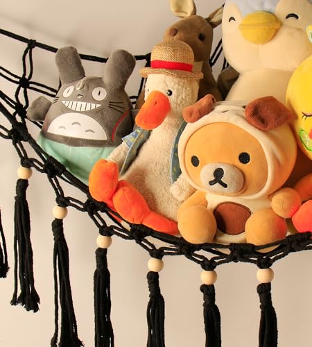 Image of Stuffed Animal Toy Storage Hammock with LED Light - Macrame Jumbo Doll Corner Stuff Animals Organizer Decorations - Cute Hanging Plushie Net Kids Baby Nursery Bedroom Room Decor