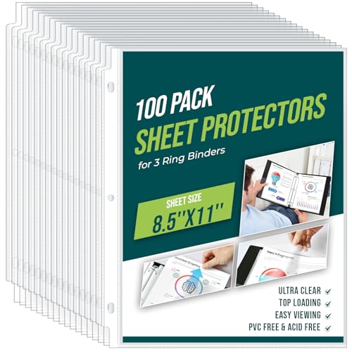 UPZDER Sheet Protectors 8.5 x11 Inch Clear Page Protectors for 3 Ring Binder,100 Pack Plastic Sleeves for Paper,Documents and Photos,Top Loading Binder Sleeves Paper Protector Letter Size