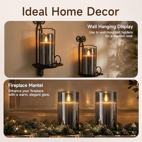 Image of Homemory Grey Glass Flameless Candles Battery Operated LED Pillar Candles with Remote and Timer, Real Wax Flickering Candles with 3D Wick for Home Wedding Holiday Decor, Set of 2, 3 inchx6 inch