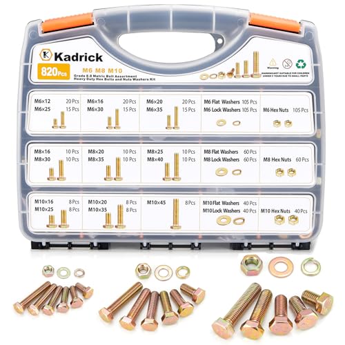 Image of Kadrick 820Pcs Grade 8.8 Metric Bolt Assortment, M6 M8 M10 Hex Heavy Duty Bolts and Nuts Kit,M6 x1.0 M8 x1.25 M10-1.5 (12mm to 45mm),Yellow Zinc Plated