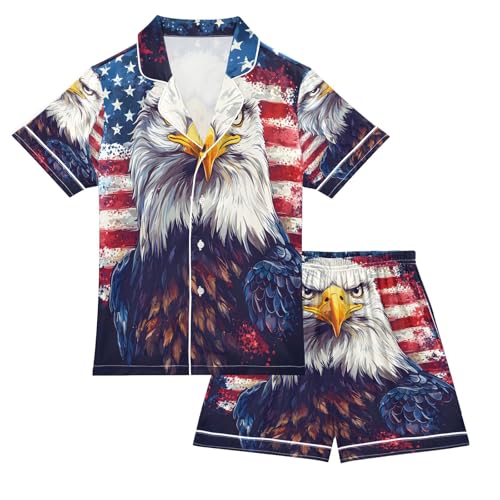 ALAZA Watercolor Bird American Flag Satin Pajamas Set Short Sleeve Button Down Sleepwear Summer Pjs 2 Piece