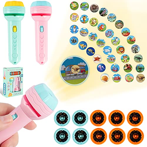 2 PCS Taschenlampen Projektor für Kinder Projektionslicht Spielzeug Diaprojektor Taschenlampe mit 80 Tiermustern Dinosauriern Transportfahrzeugen Früchten und Ziffern Taschenlampenlicht