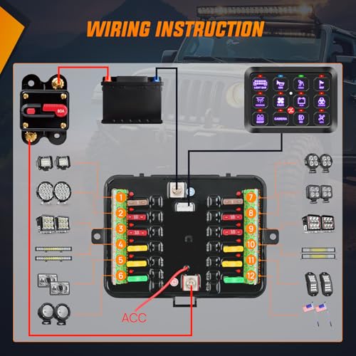 Image of Nilight 12 Gang Switch Panel Relay System with Automatic Dimmable | RGB Backlight Panel Circuit Control Fuse Wiring Harness ON Off LED Switches Pod for 12V 24V Cars Trucks Campers SUV
