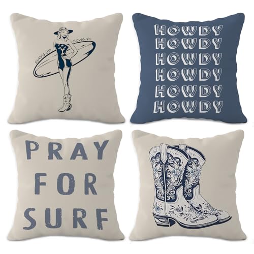 OTOUO Funda de almohada de surf, fundas de almohada costeras azules, almohada de vaquera, fundas de almohada de botas de vaquera, decoración vintage de surf, regalos para suferas vaqueras costeras