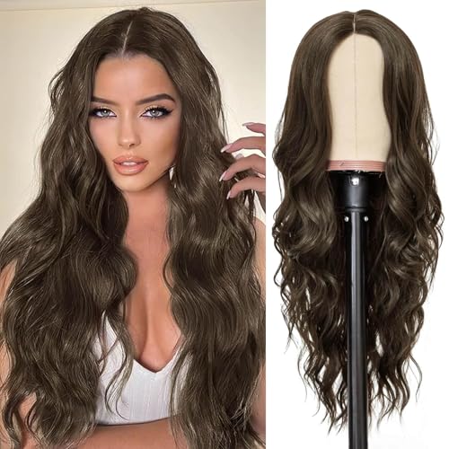 QUEENTAS 24 Inch Highlight Brown Wavy Wig for Women Middle Part Heat Resistant Synthetic Hair for Daily & Party Wear