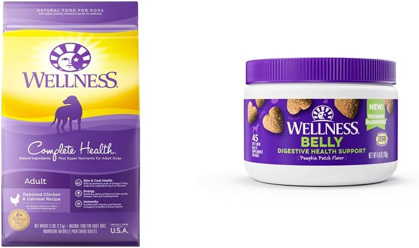 Wellness Complete Health + Supplements Trial Bundle: Natural Dry Dog Food, Chicken & Oatmeal, 5-Pound Bag + Wellness Digestive Health Soft Chew Dog Supplements, Pumpkin Patch Flavored, 45 Count