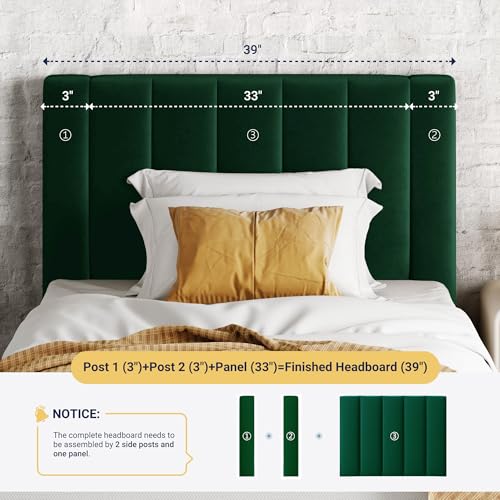 Image of Allewie Twin Bed Frame /Velvet Upholstered Bed Frame with Vertical Channel Tufted Headboard /Strong Wooden Slats /Platform Bed Frame /Mattress Foundation /Box Spring Optional /Easy Assembly /Green
