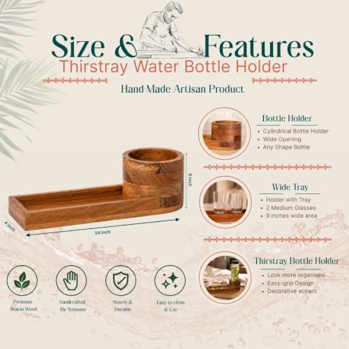 Image of Thirstray Acacia Wood Water Bottle Holder Tray | Brown Bedside Bottle & Glass Organizer | Handcrafted Wooden Drink Holder | 14 x 5 x 4 Inches | for Bedroom, Guest Room, Hotel & Office