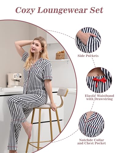 Image of NAP BOUND 100% Cotton Women's Pajama Sets Short Sleeve Button Down Soft Pjs 2 Piece Lounge Set with Pocket Nightwear XS-XXL