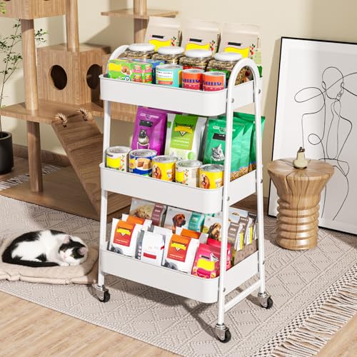 Kitchen Trolley on Wheels, 3 Tier Metal Storage Cart, Rolling Utility Cart with Handle and Mesh Shelves for Bathroom, Office, Craft Room, White - Image 5