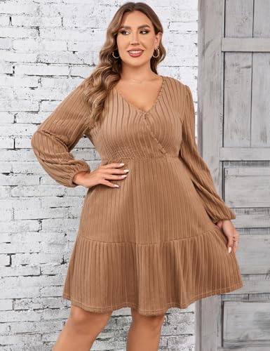 Image of Women's Plus Size Casual Sweater Dress Square Neck Long Lantern Sleeve Tie Waist Loose Pullover Sweater Dresses