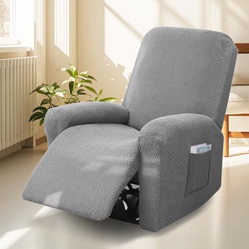 4-Teilig All-Inclusive Sesselbezug, 1 Sitzer Relaxsessel Sesselbezug Stretchhusse mit Taschen, Sesselschoner für Fernsehsessel und Relaxsessel, Anti-Rutsch High Stretch Mit Elastischem Boden