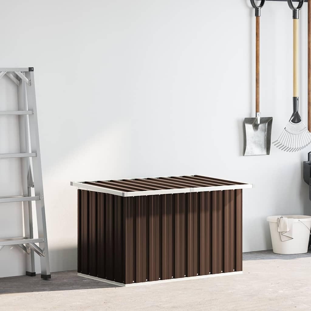 Garten-Aufbewahrungsbox Braun aus verzinktem Stahl und Kunststoff 109 x 67 x 65 cm mit wasserdichtem Deckel und großzügigem Stauraum für Kissen, Werkzeug, Terrasse, Balkon, Outdoor