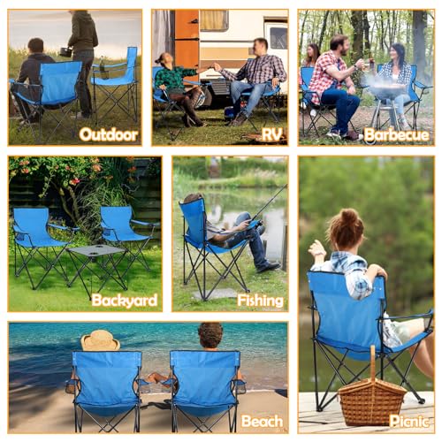 Image of HaSteeL Folding Camping Chair Set of 3, Foldable Blue Camp Chairs & Grey Table, Large Lawn Chair Portable for Adults Hiking, Fishing, Picnic, Outdoor BBQ, Travel, Sports, Cup Holders & Storage Bags