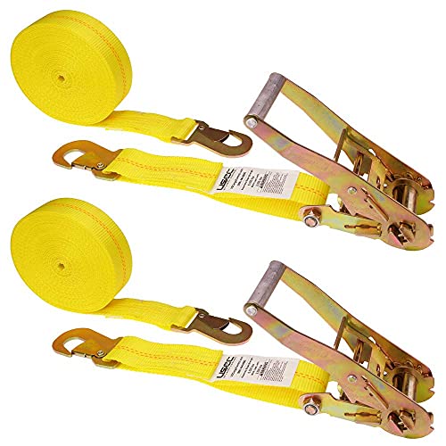 US Cargo Control Ratchet Strap with Snap Hook, 2 Inch Wide X 27 Foot Long, Yellow Weather Resistant Webbing, 2,000 Pound Working Load Limit, 2 Pack