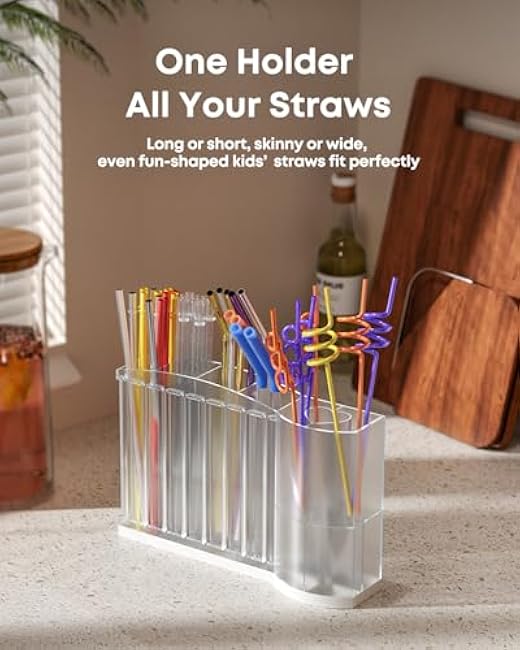 Straw Holder for Cabinet Door, Fits All Straw Sizes, Includes 2 Sets of Strong Adhesive Hooks & Brushes, Reusable Straw Organizer for Cabinet, Space-Saving Straw Storage for Cabinet Door (Clear/White)