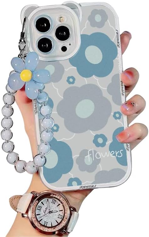 SMAIGECompatible with iPhone 12 Case, Cute Kawaii Flowers Bear Pattern Camera Protector Case with Lovely Wrist Strap Bracelet Chain for Girls and Women (Flower Blue)