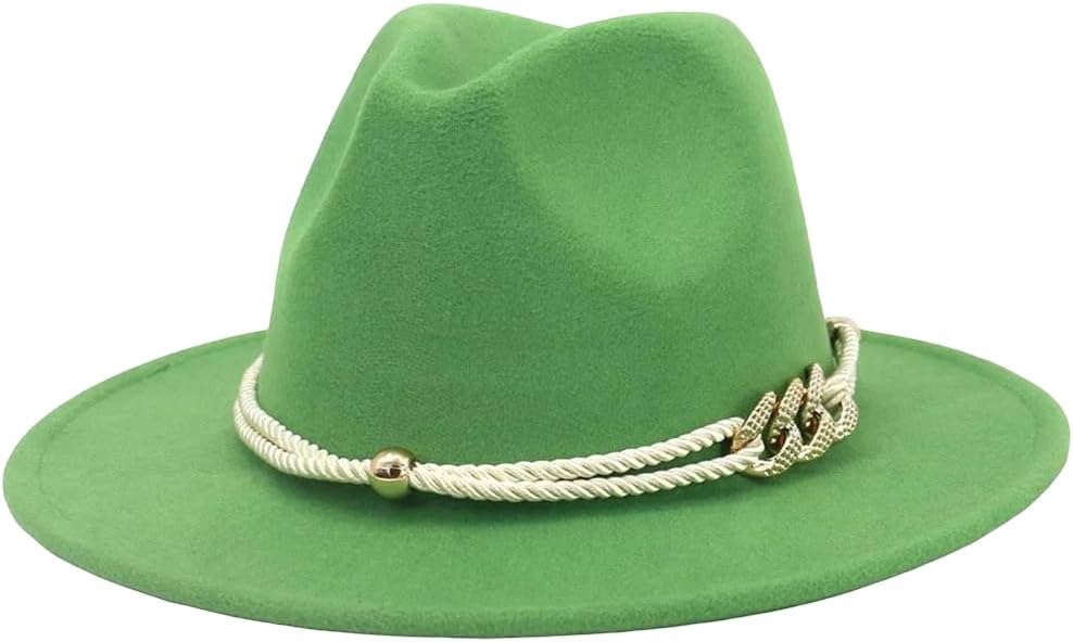 Wide Brim Fedora Hat with Twisted Cord Chain Bead Decor Vintage Panama Cap for Women Church Wedding Formal Party Hat