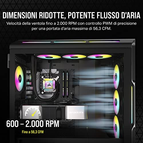 AF120 RGB SLIM, Kit Ventola 120 mm PWM con Cuscinetti Fluidodinamici - Profilo Sottile per Custodie Piccole - 8 LED RGB Indirizzabili - Doppio Pacchetto con Lighting Node CORE - Nero - Sistema di raffreddamento - Immagine 3