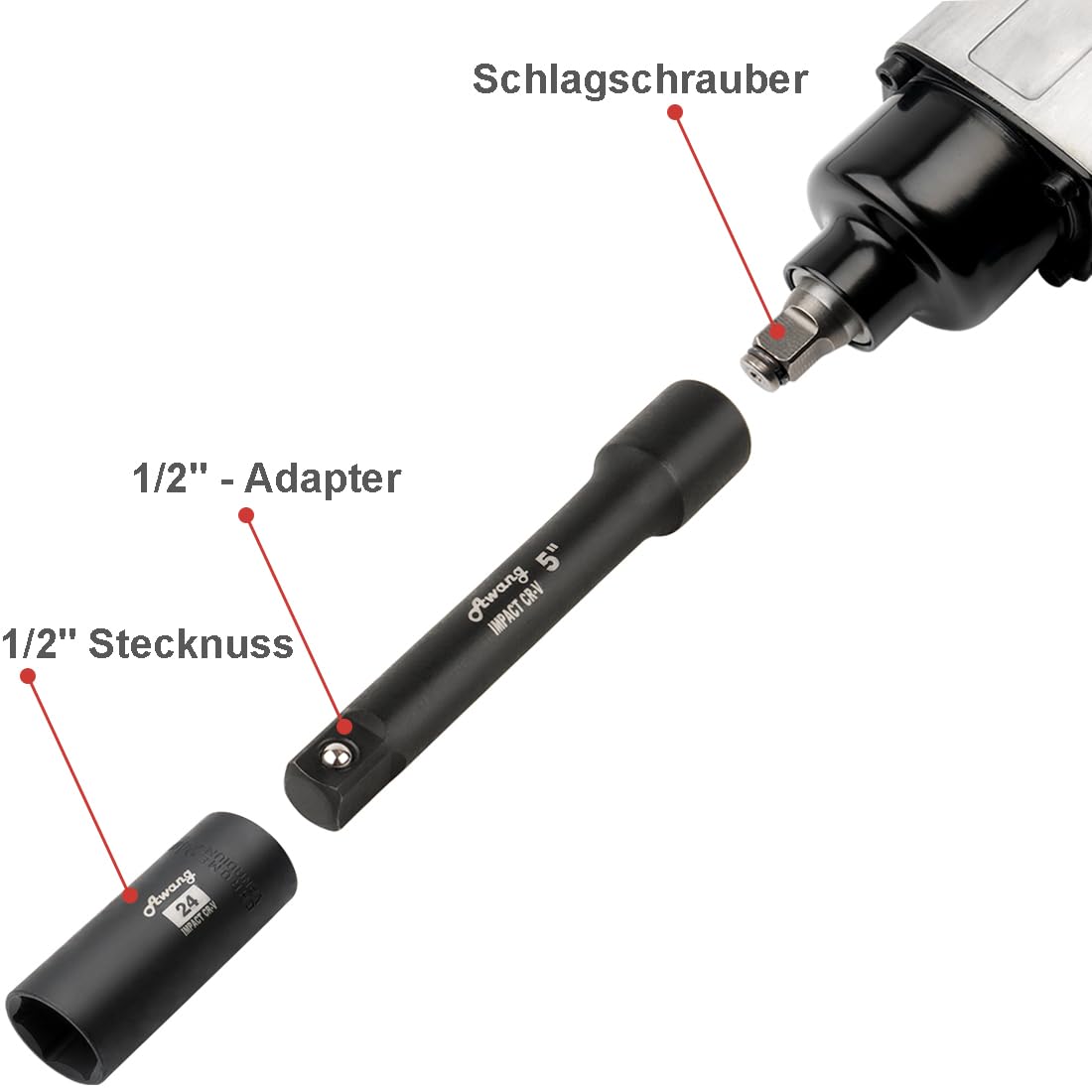 Awang Kraft, set di dadi per avvitatore a percussione, 1/2", 8-24 mm, con asta di prolunga da 5,10", 1/4 Adatper, 19 pezzi