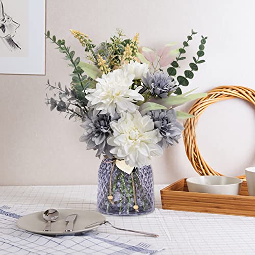 Home Decor Fake Flowers With Vase - Artificial Flowers Fake Plants Bouquet Decoration Realistic Dahlias, Hydrangeas, Eucalyptus Decor Modern Silk Flowers For Dining Table, Office, Kitchen (Purple) #TOP6