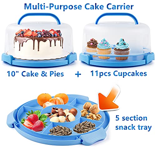 Hoya Ponyoo Portable Cake Carrier With Handle, Round Cupcake Holder With Lid, Plastic Storage Container Box Fit 10 Inch Cake, 3-Locking Muffin And Pies Keeper With Cover (Blue) #TOP1