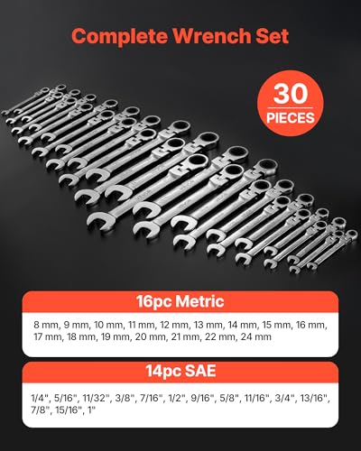 Image of VEVOR Flex-Head Ratcheting Wrench Set, 30-Piece SAE and Metric, 72 Teeth, Cr-V Steel Ratchet Flexible Combination Wrench Set with Roll Up Pouch, for General Household and Automotive Repairs, Silver
