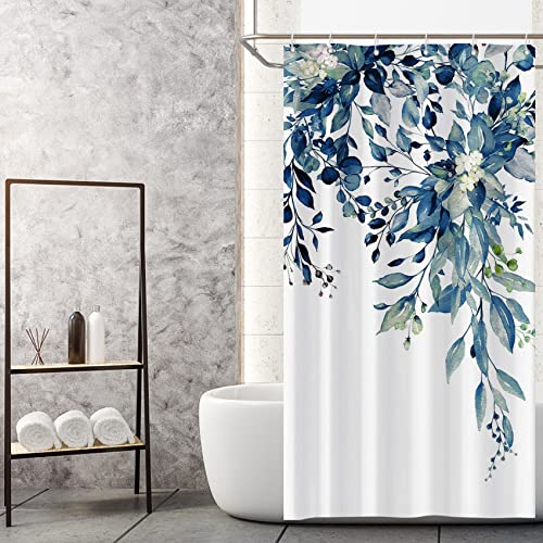 MIRRORANG Stall Blue Floral Bathroom Mildew & Mould Resistant Polyester Bath Curtains with 6 Hooks