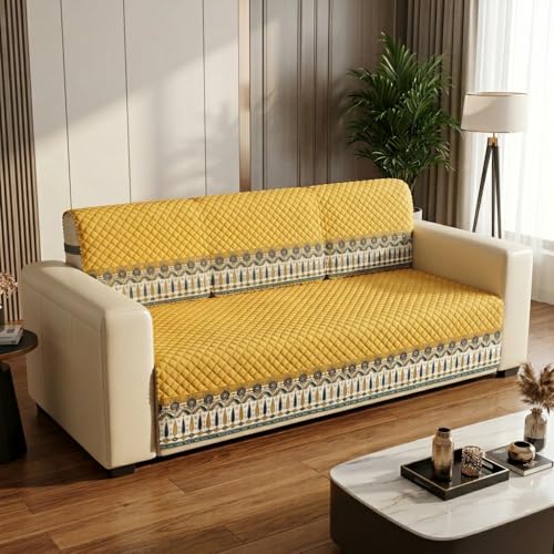 Image of KINGLY Sofa Cover for 3 Seater | Quilted Velvet Seat Cover | Anti-Slip Sofa Mat with Back Elastic | Thick Fabric Sofa Protector | Washable Couch Cover | Mustard Yellow