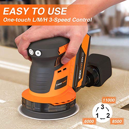 Enertwist Cordless Orbital Sander, 20V Max 5-Inch Brushless Random Orbit Sander with 4.0Ah Lithium-ion Battery and Charger, Including Dust Bag and 9-Pieces Hook-and-Loop Sanding Pads, ET-OS-20BL