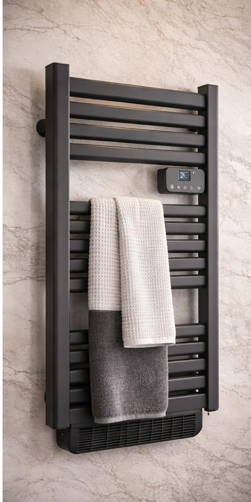 DREXON - Sèche Serviettes Électrique Noir avec Soufflerie 1500W FAENA S | Radiateur Salle de Bain Barres Plates | Programmable | Chauffage Rapide | Détection Fenêtre Ouverte | IP24