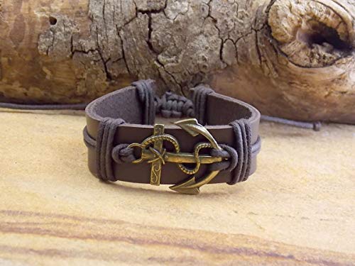 Pulseira de couro masculina ancora pulseirismo bijuterias