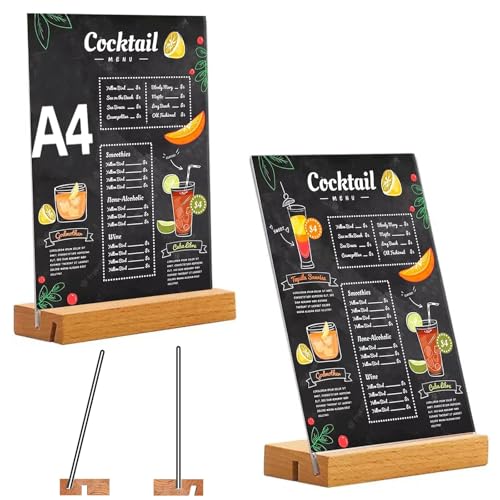 qhklew Soporte de Acrílico, 2Unidades Soporte Metacrilato, Soporte para Menús de Restaurante de Madera, Soporte para Letreros de Acrílico, para Bodas, Restaurantes, Oficinas, Cafeterías (A4-2PACK)