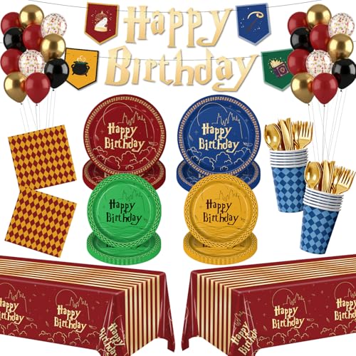 197pcs Magical Wizard Party Decorations Plates Napkins Disposable Paper Cups Gold Forks Tableware Set Cartoon Magical Birthday Party Supplies for Kids Birthday Decor 24 Guests