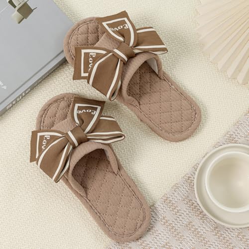 Bow-Knot Cotton House Slippers for Women, Soft Open Toe Indoor Non Slip Washable Comfortable Stitching Shoes for Hotel Travel Bedroom Airplane Party4