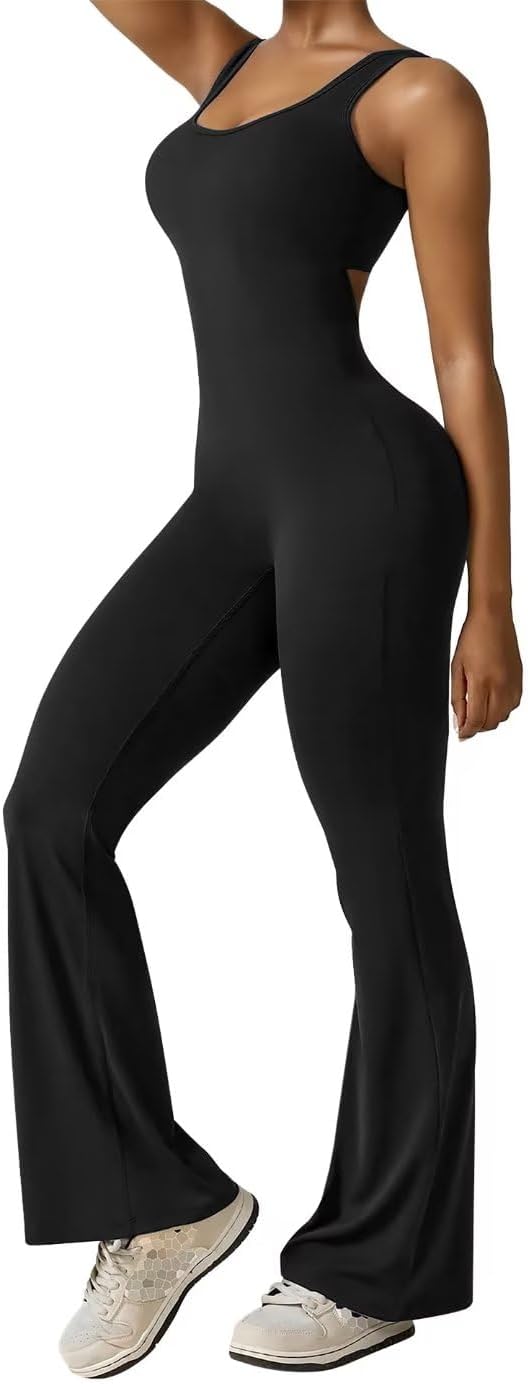 Vertvie Sleeveless Flare Jumpsuits for Women Sexy Backless Bodycon V Back Scrunch Butt Yoga Rompers Seamless Workout Bodysuit - Image 2