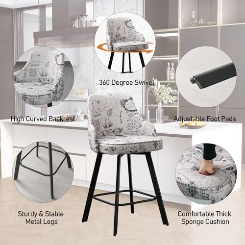 Image of Swivel Counter Bar Stools Set of 3 with Back, Fabric Kitchen Barstool