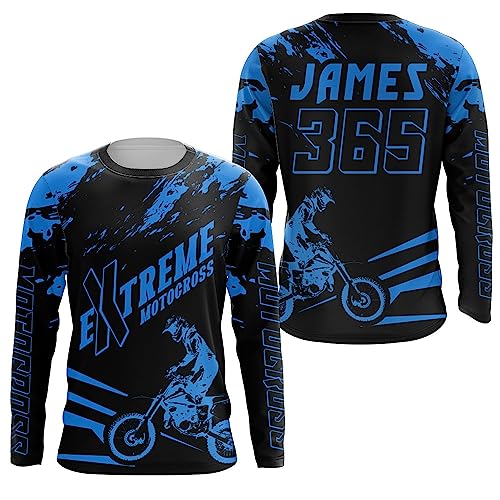 Custom Motocross Jersey Youth Kids Adult UPF30+ Extreme Racing Dirt Bike Shirt Boys Girls Motorcycle Off-Road XM48 (Blue)