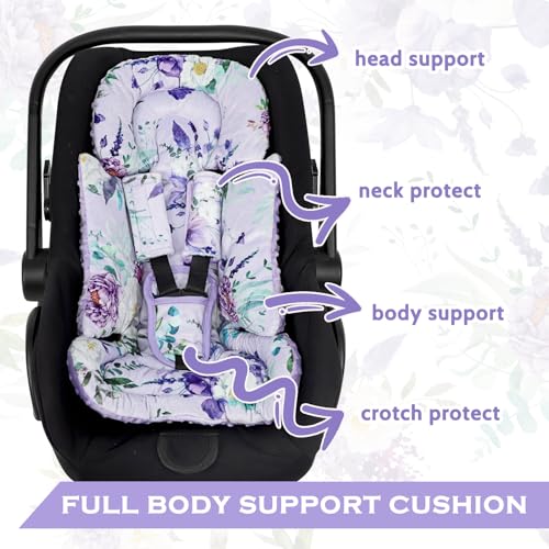 Image of Infant Car Seat Insert and Strap Covers, Very Soft Car Seat Head Support Baby Girl Boy, Reversible Newborn Carseat Insert Cushion Fits for Stroller, Baby Swing, Bouncer (Purple Floral)